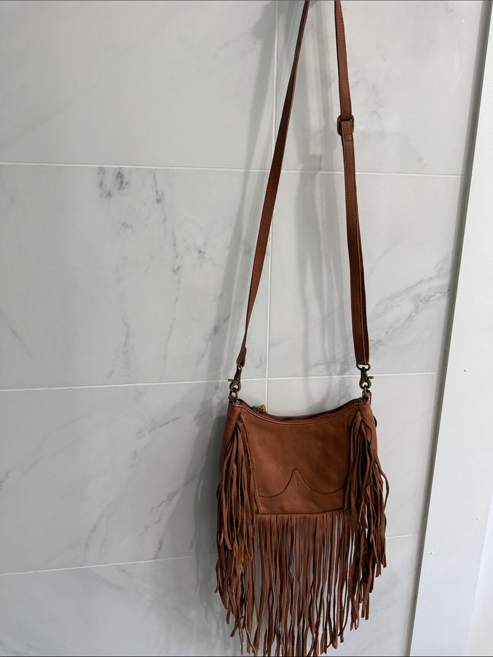 Never Used  Day & Mood Fringe Crossbody Bag - Tan Leather